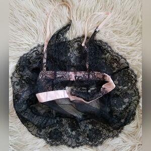 VICTORIA'S SECRET BLACK MESH EYELASH LACE PINK SATIN BABY DOLL CAMISOLE S NWOT